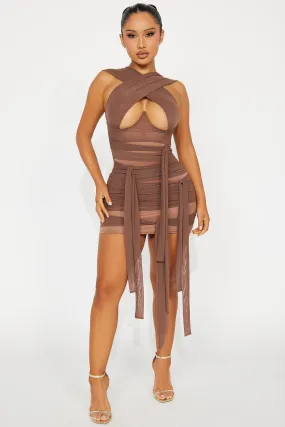 Tied To You Mesh Micro Mini Dress - Brown