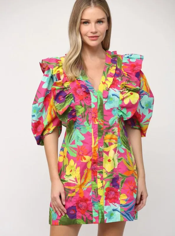 Tropical Print Poplin Dress