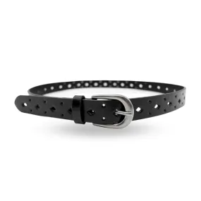 Wallaroo | Women's Black Genuine Leather Belt with Brushed Silver Buckle