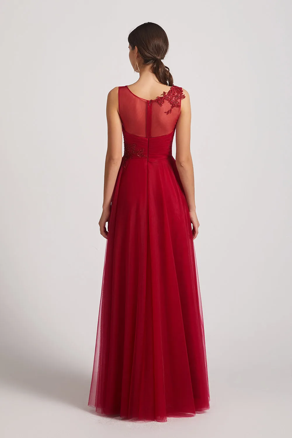 Wide Straps A-Line V-Neck Tulle Bridesmaid Dresses with Appliques (AF0158)