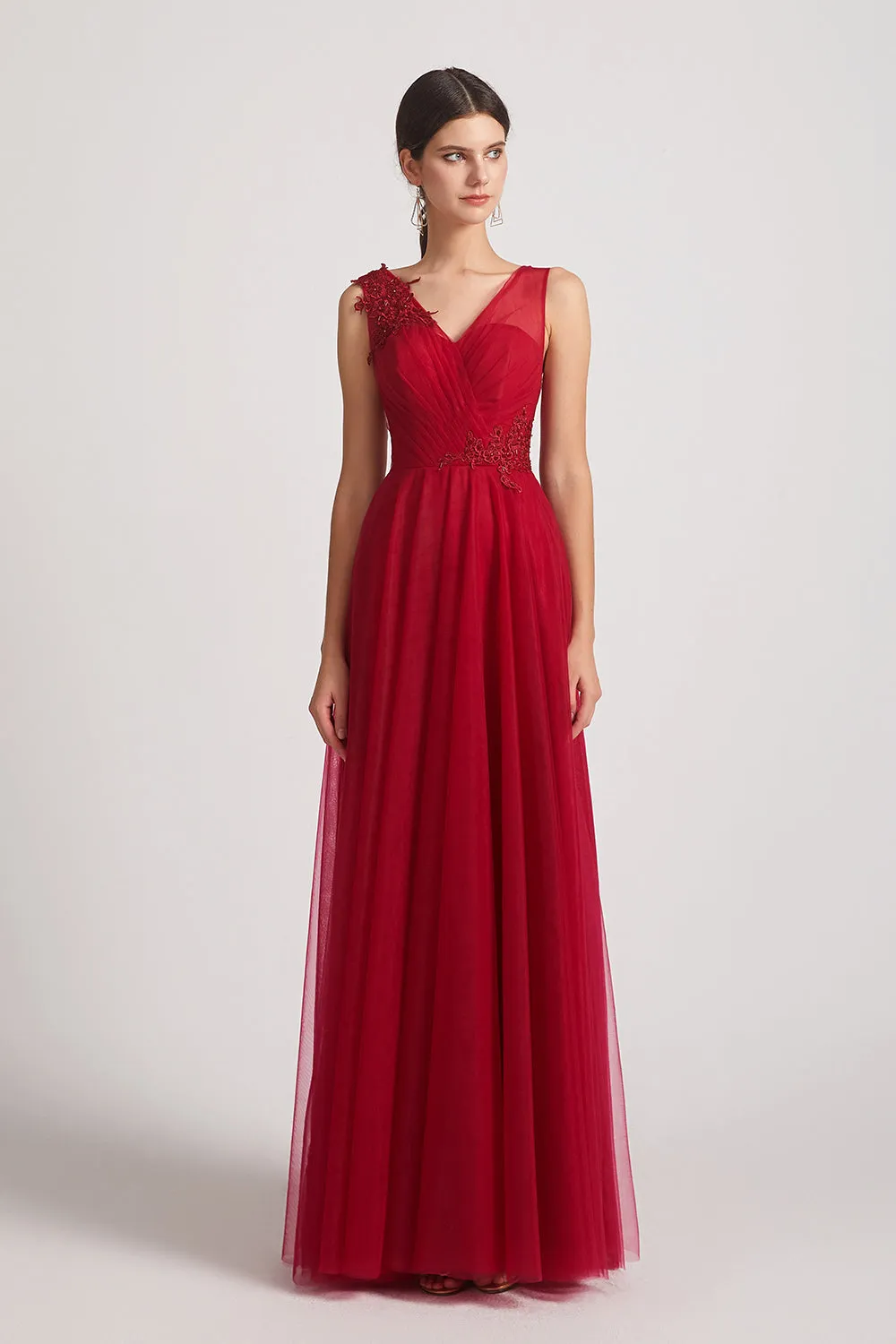 Wide Straps A-Line V-Neck Tulle Bridesmaid Dresses with Appliques (AF0158)