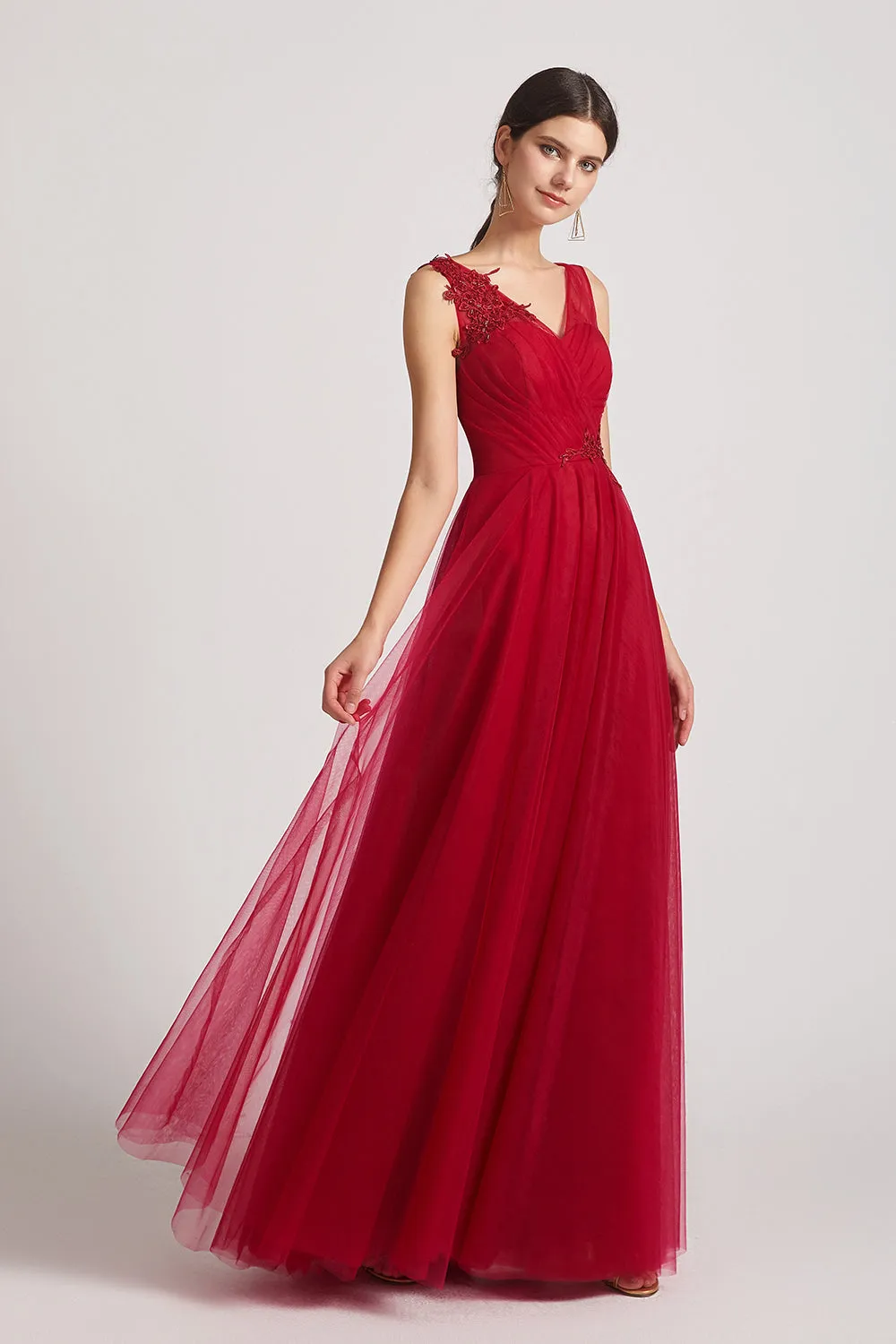 Wide Straps A-Line V-Neck Tulle Bridesmaid Dresses with Appliques (AF0158)