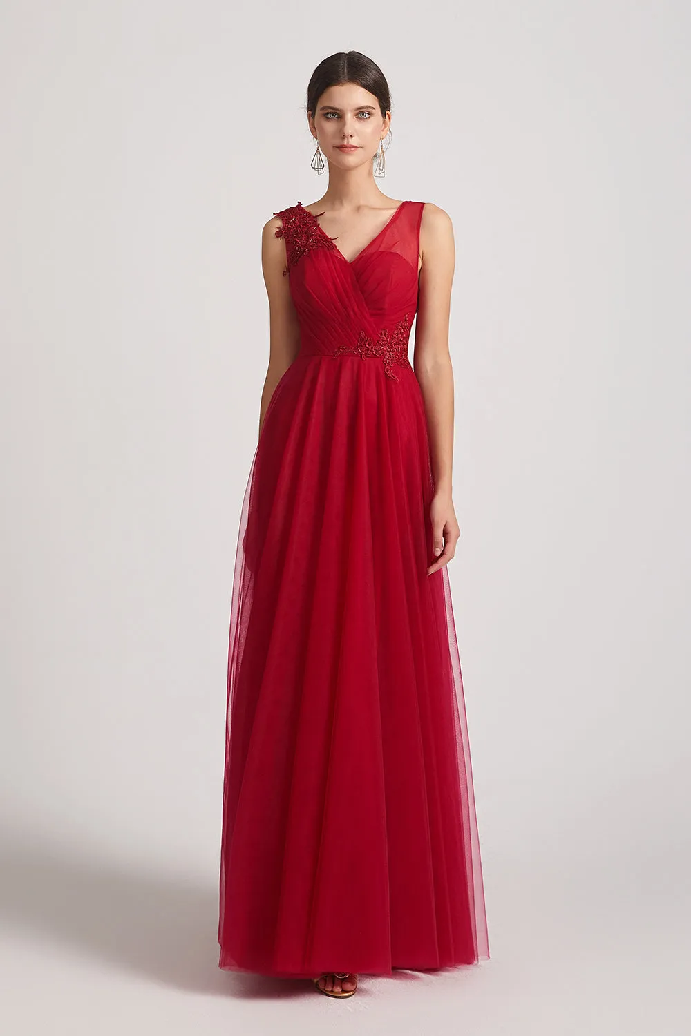 Wide Straps A-Line V-Neck Tulle Bridesmaid Dresses with Appliques (AF0158)