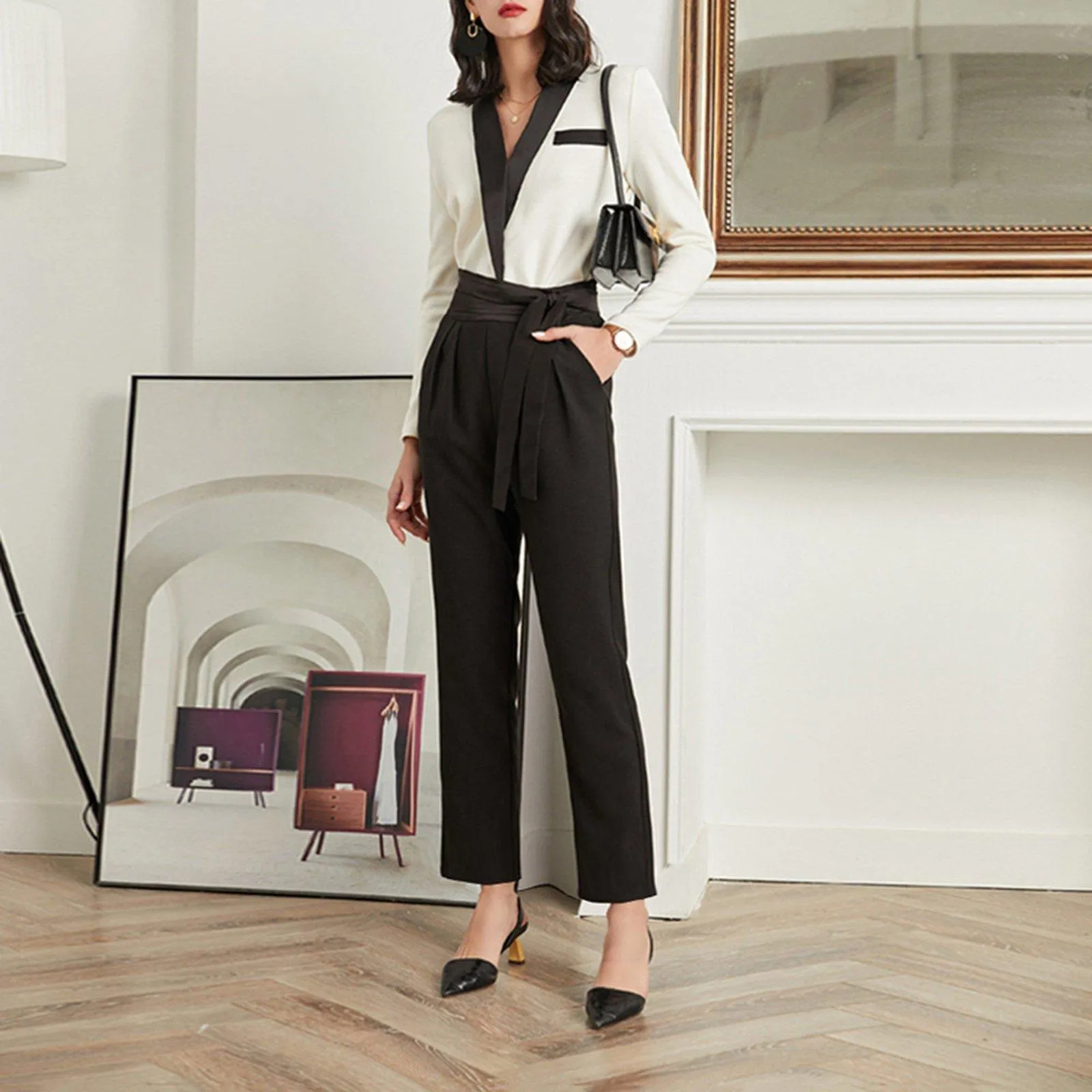 Women Contrast Suit Trousers Set,2 piece sets,long sleeve Blazer Pants Set,White Blazer high waist pants,Office Lady suit,Wedding Guest Suit