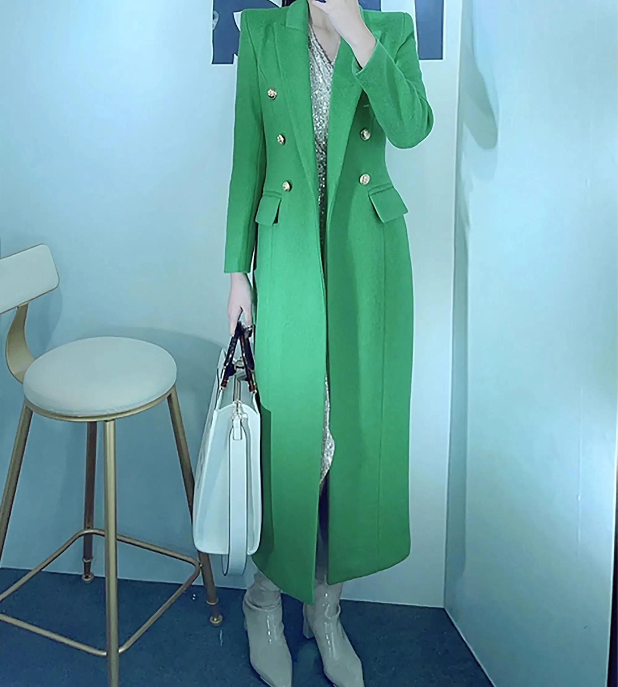 Women's long woolen coat,Green wool Long coat,Double Breasted Wool Blend Coat,Fall Winter Coat for women Wool Overcoat Trench Outerwear