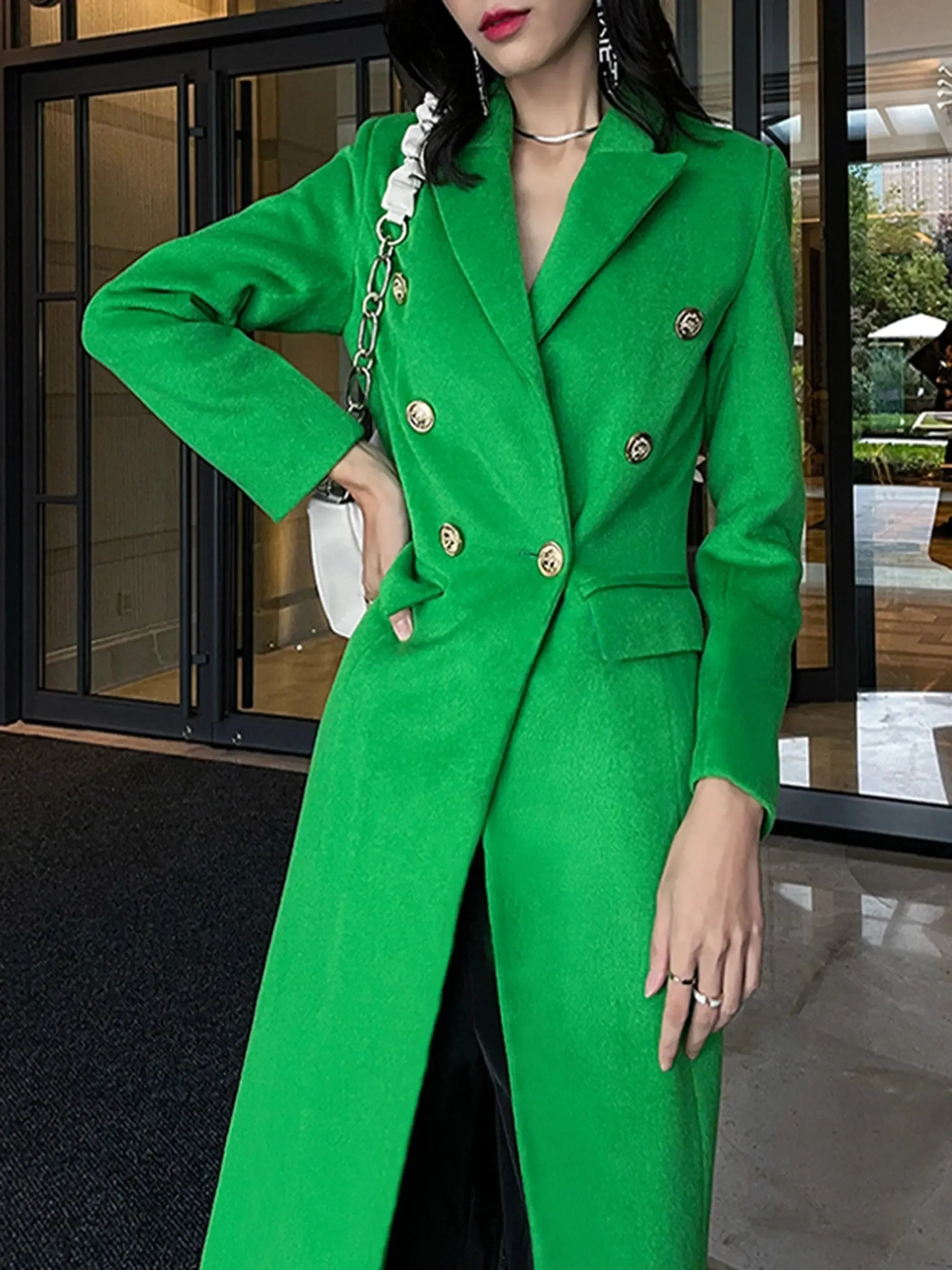 Women's long woolen coat,Green wool Long coat,Double Breasted Wool Blend Coat,Fall Winter Coat for women Wool Overcoat Trench Outerwear